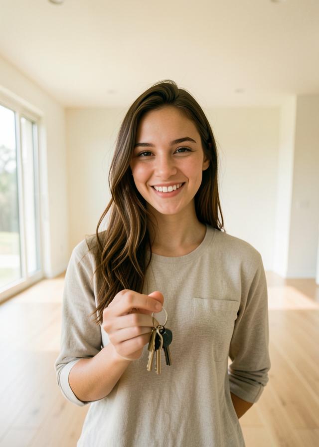 Young woman holding keys in her first house