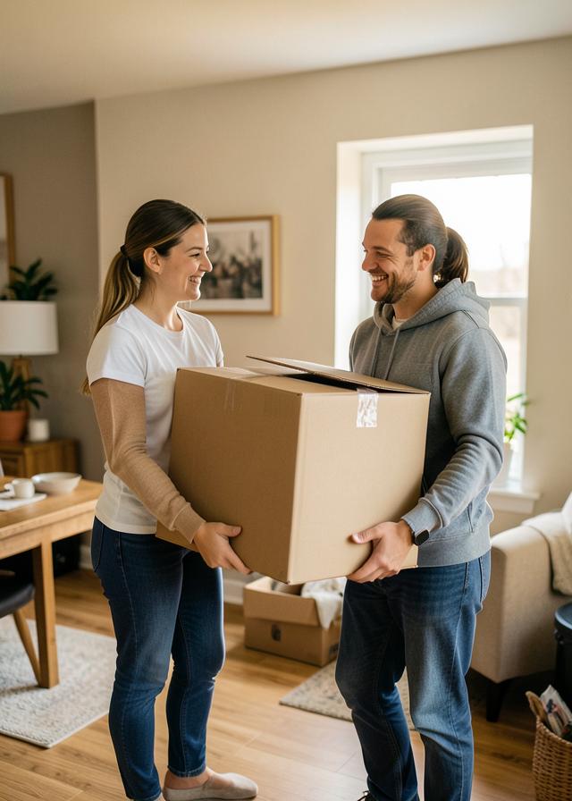 Young couple moving boxes into a new place